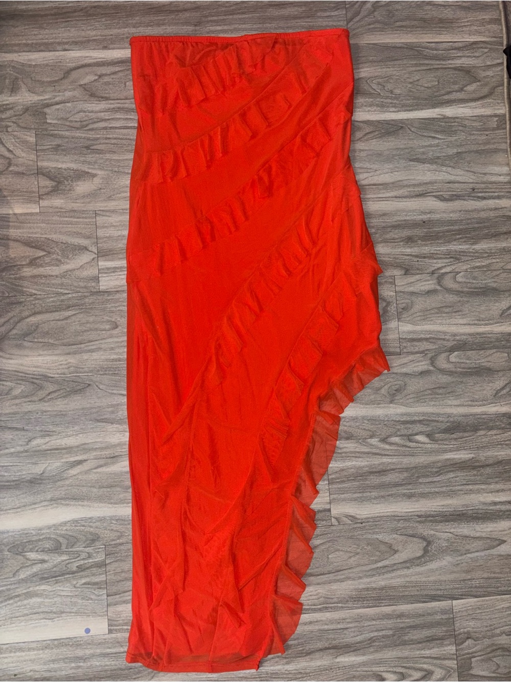 Strapless Orange Ruffle Asymmetrical Dress